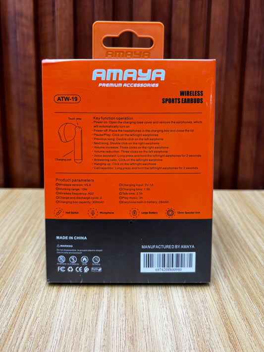 Amaya ATW-19 Wireless Earbuds – Bluetooth 5.3 Earphones, HiFi Stereo Sound, Touch Control, Noise Reduction, Long Battery Life, Portable Charging Case