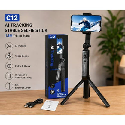 C12 AI Tracking Tripod - 360° Rotation, Gesture Control, 1.8M Height, Bluetooth Remote, Black