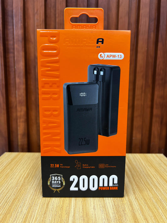 Amaya APW-13 Power Bank 20000mAh 22.5W Super Fast Charging with 2 Lines, Black