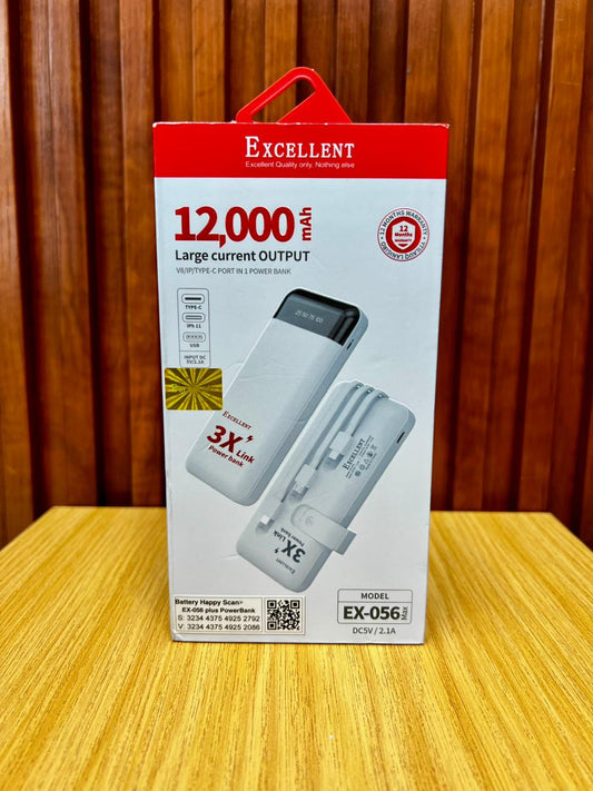 EXCELLENT 12000 Mah Powerbank With Three Cable(Normal,Iphone Cable and Type C )3 in 1 Cable