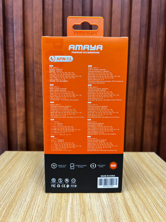 Amaya APW-13 Power Bank 20000mAh 22.5W Super Fast Charging with 2 Lines, Black